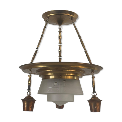 Suspension Art déco en cuivre et verre, années 1940, Allemagne