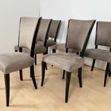 Art Deco Chairs in Black Lacquer & Grey Alcantara, France, 1930s, Set of 6