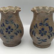 Pair of vintage pottery vases with floral decoration and glaçureau sel