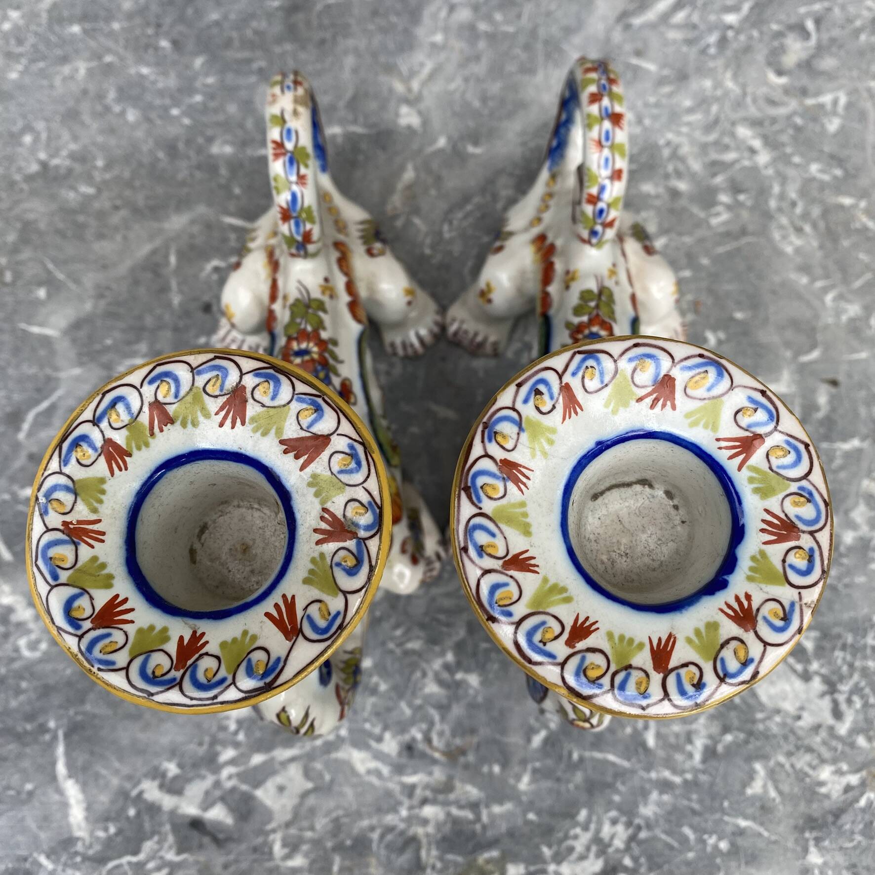 Pair of dragon candlesticks in Desvres earthenware, Rouen