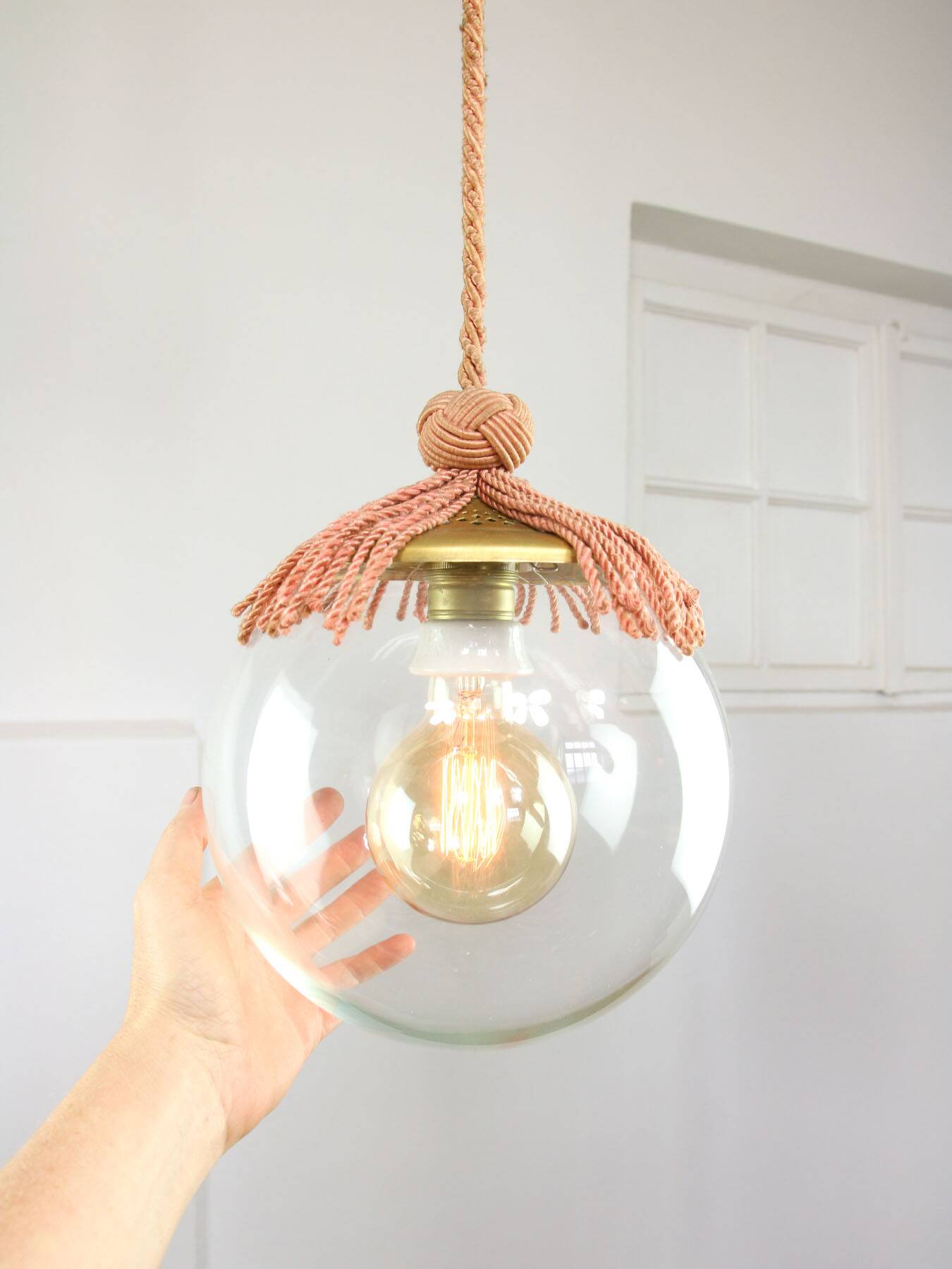 Art Deco Italian Pink Fabric and Brass Globe Pendant Lamp