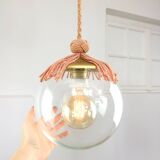 Art Deco Italian Pink Fabric and Brass Globe Pendant Lamp