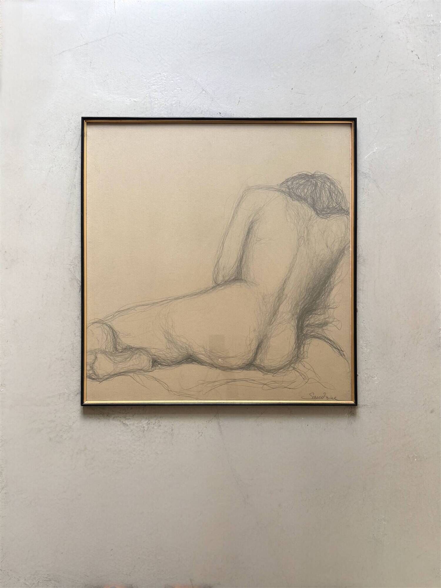 Large original drawing of a female nude, pencil on paper under glass signed XX.