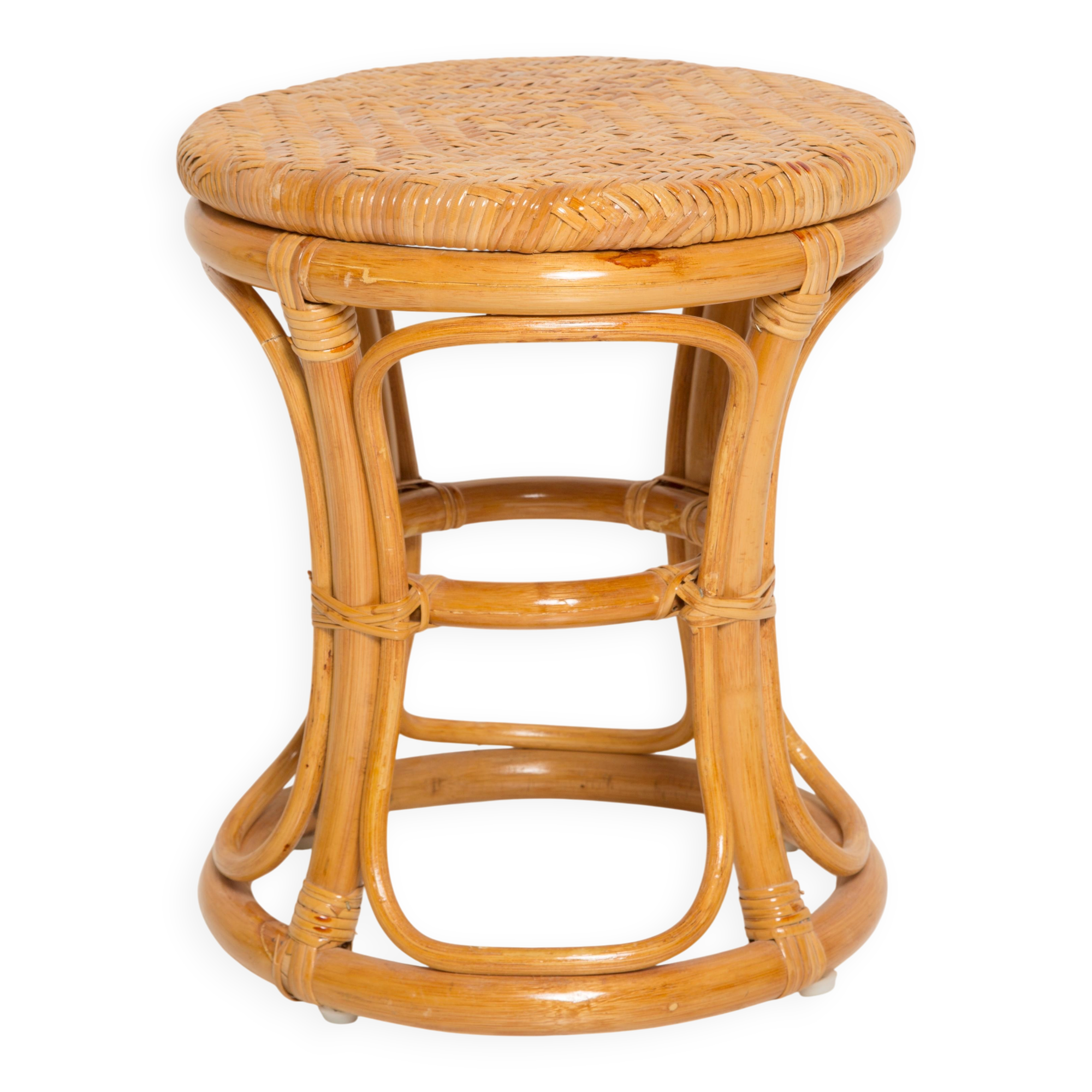 Unique mid-century hand-painted rattan and wood base, stool and side table, Germany, 1970s.