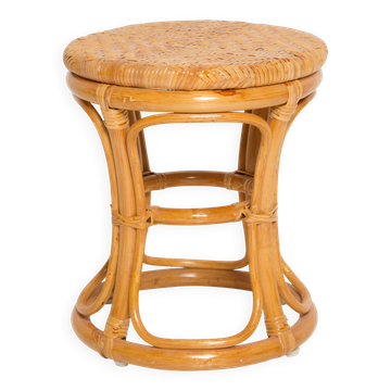Unique mid-century hand-painted rattan and wood base, stool and side table, Germany, 1970s.