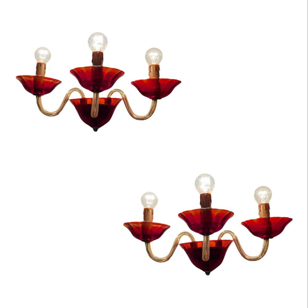 Vintage Italian Ruby Red Murano Glass Sconces from Made Murano Glass, Set of 2