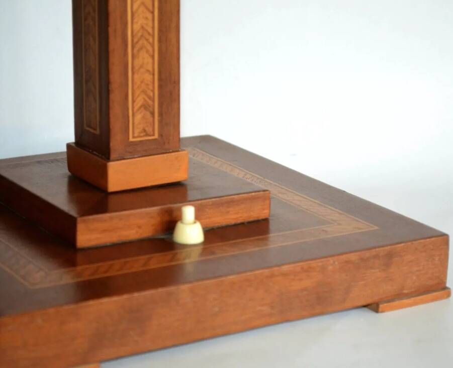 Vintage Wooden Table Lamp with Geometric Marquetry Inlay – Fabric Lampshade