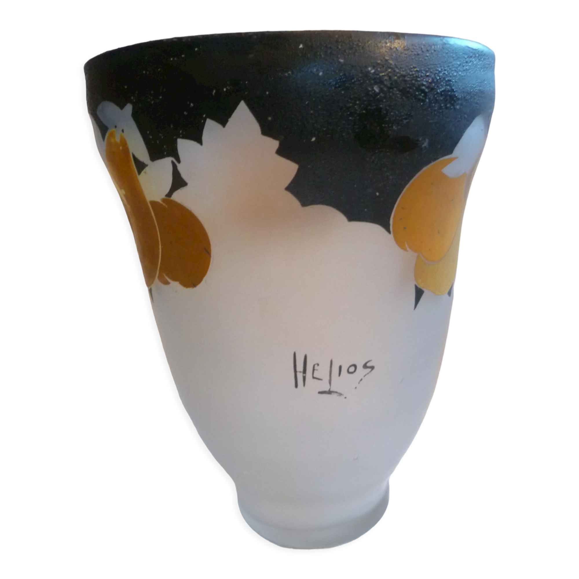 Art deco vase in hand-painted frosted blown glass fruit decoration signed helios