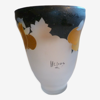 Art deco vase in hand-painted frosted blown glass fruit decoration signed helios