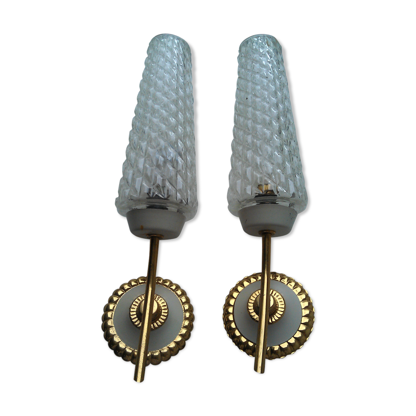 Paire d'appliques vintage métal doré et verre