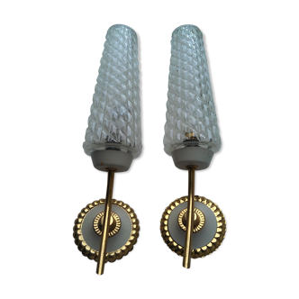 Paire d'appliques vintage métal doré et verre