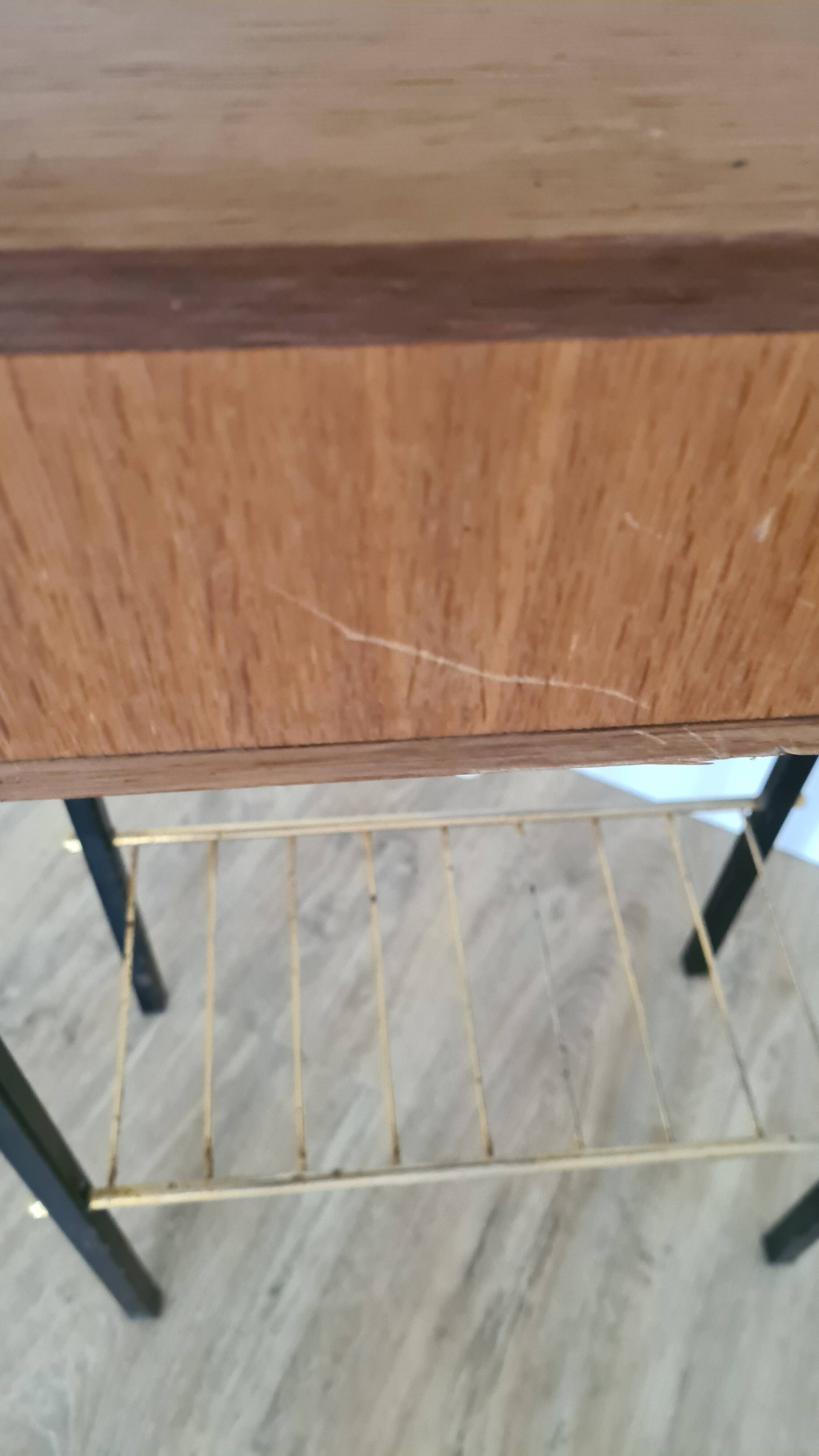 Pierre Guariche style bedside table, wood and metal, vintage, 60s