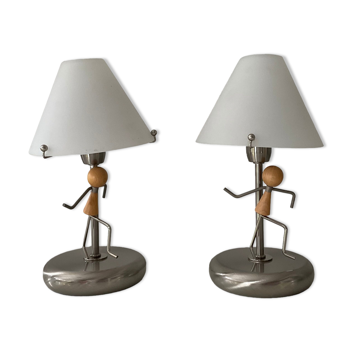 Pair of vintage lamps in wood and chrome metal