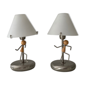 Pair of vintage lamps in wood and chrome metal
