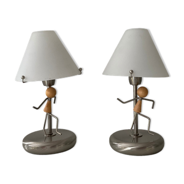 Pair of vintage lamps in wood and chrome metal