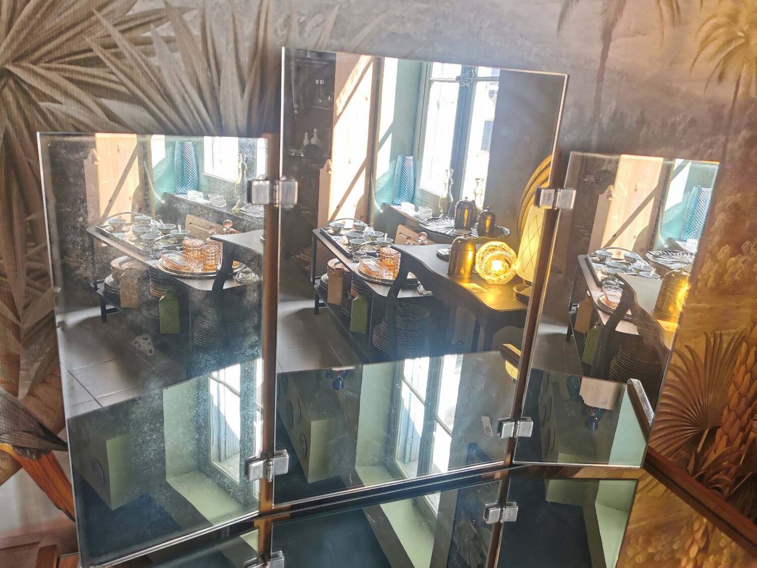 Vintage chest of drawers with compass legs and triptych mirror