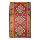 Tapis Kilim vintage rouge orange des années 1980, tissage plat tribal en laine, 287 x 150 cm