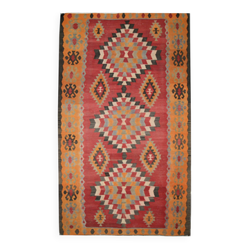 Vintage Red Orange  Kilim Rug 1980s Wool Tribal Flatweave 287 x 150 cm