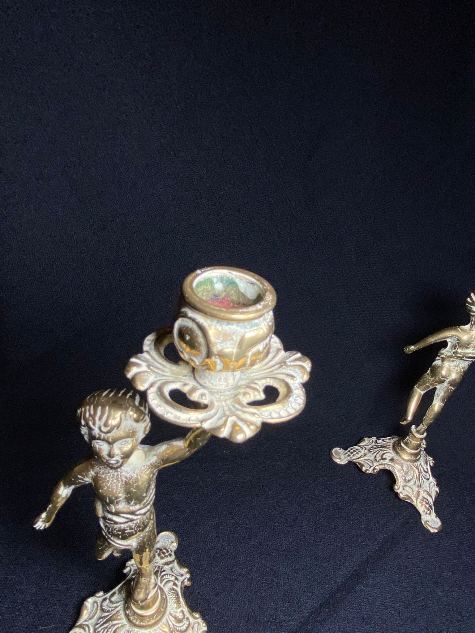 Pair of candlestick buds cherub angel brass