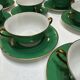 Service 14 Tasse et sous-tasse à Bouillon Art-Deco Vert Émeraude et Or