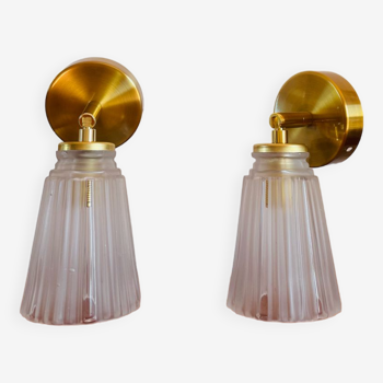 Duo of vintage glass wall lights, portable lamps or pendant lights