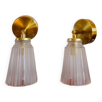 Duo of vintage glass wall lights, portable lamps or pendant lights