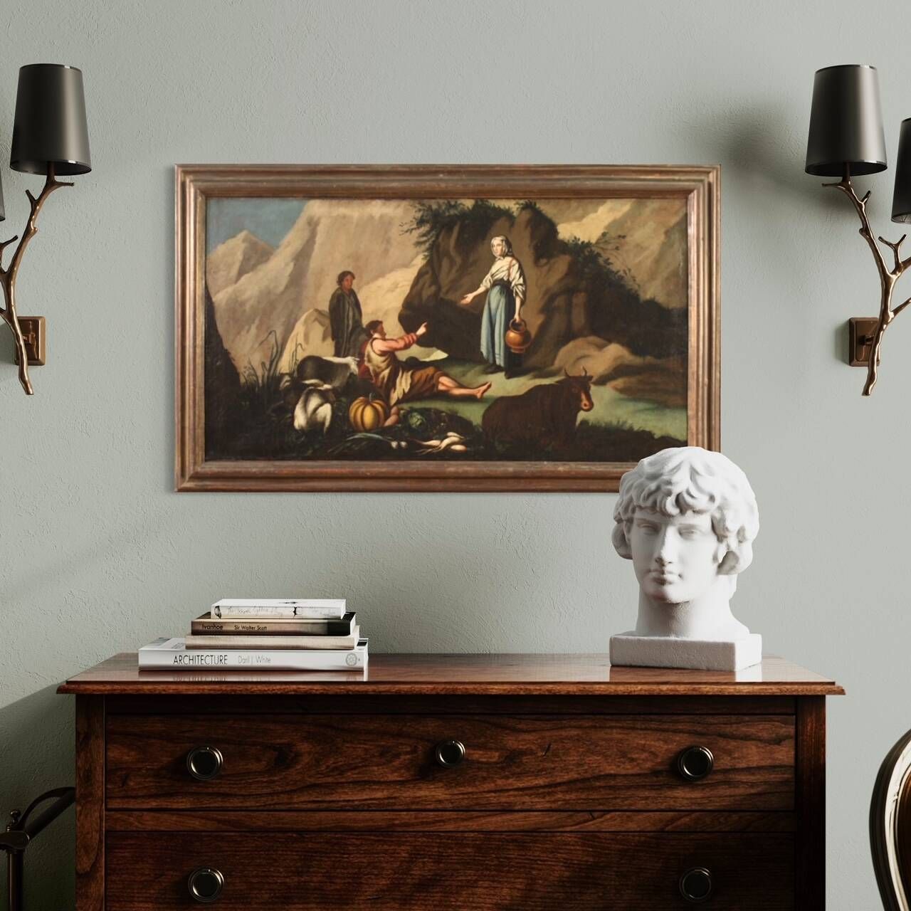 Painting landscape pastoral scene from the 18th century