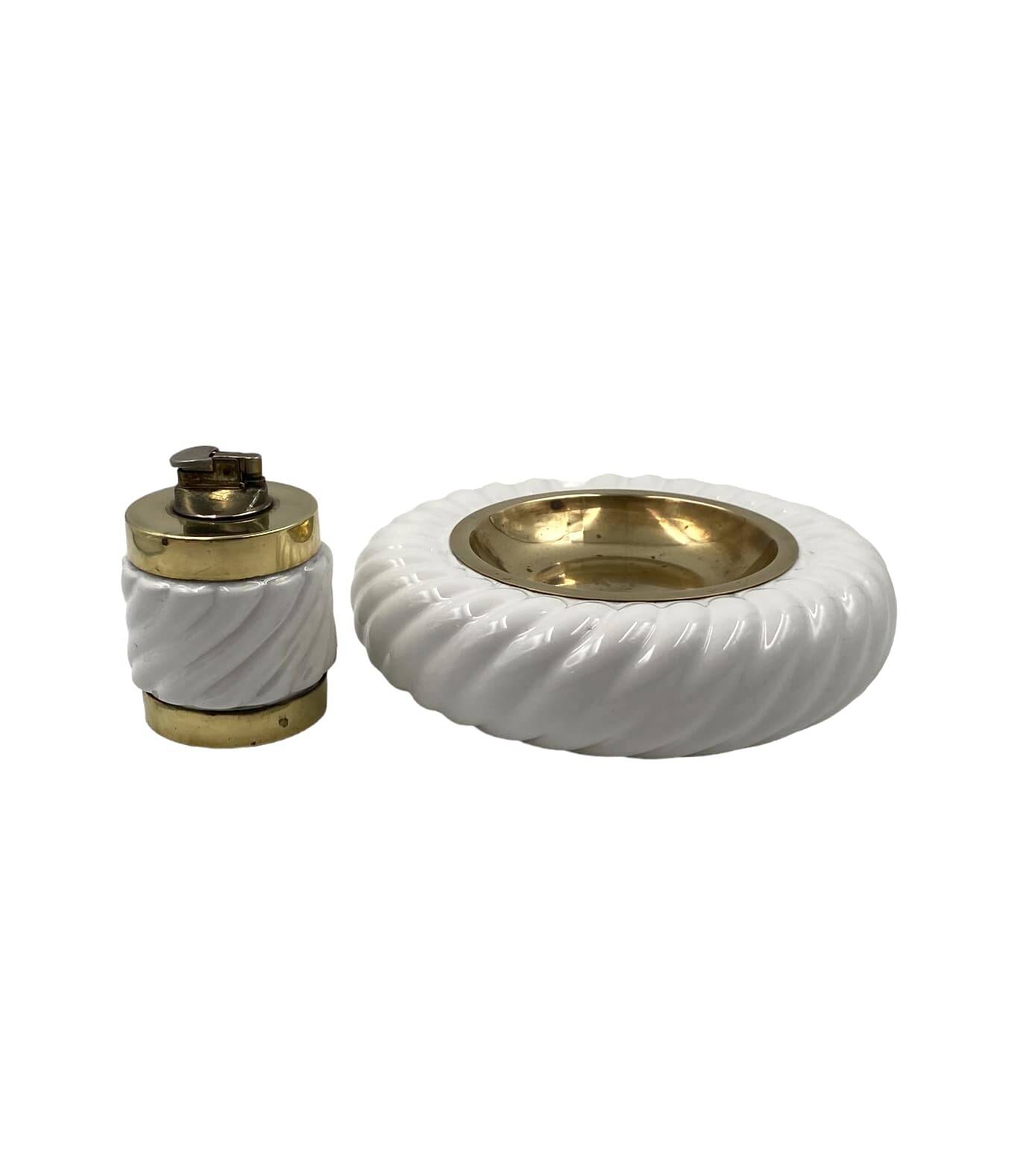 Tommaso Barbi, Smoking set white ashtray and table lighter, B Ceramiche, ca. 1970