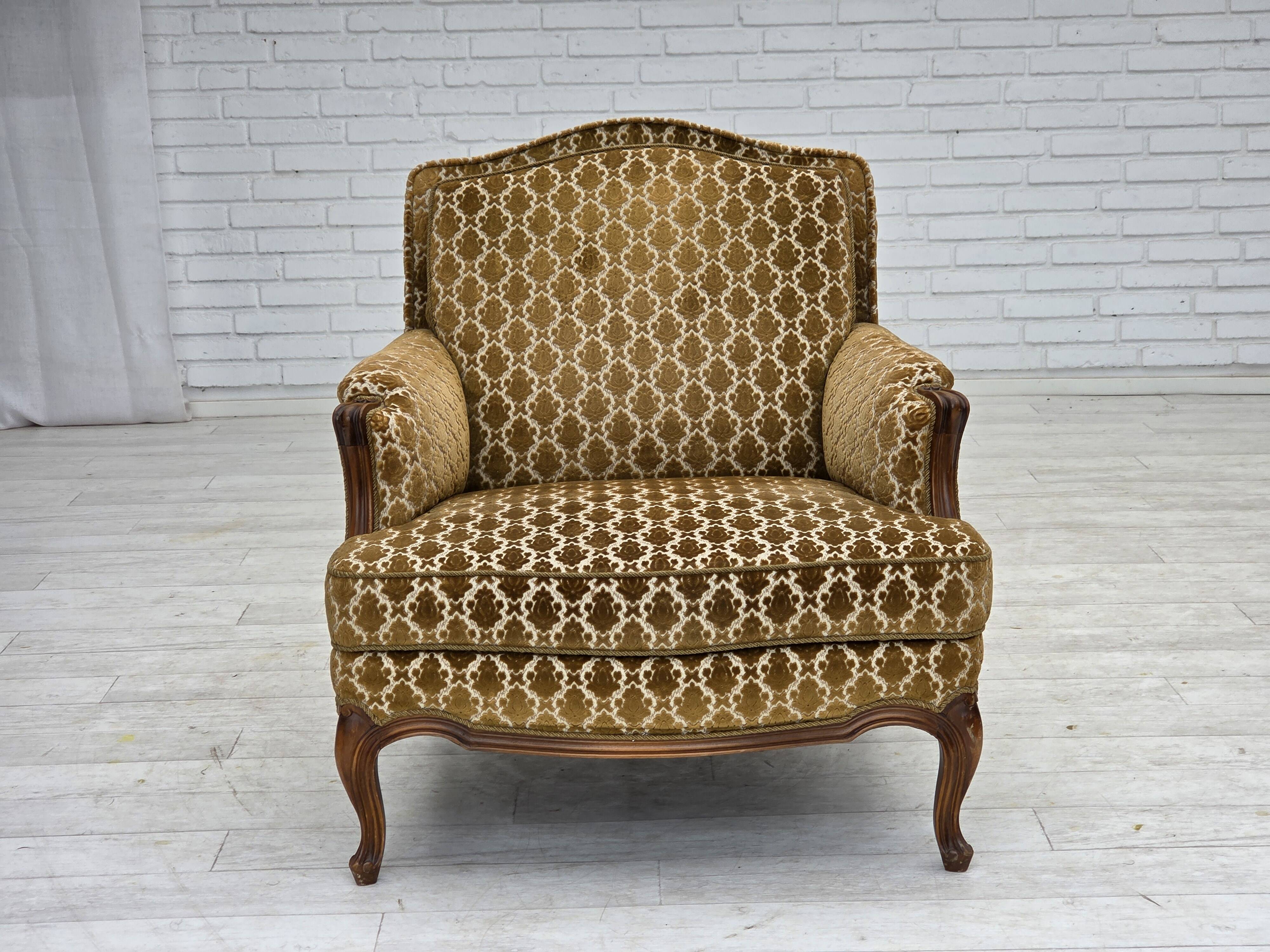 1950s, Danish relax chair, furniture velour, carved ash wood.