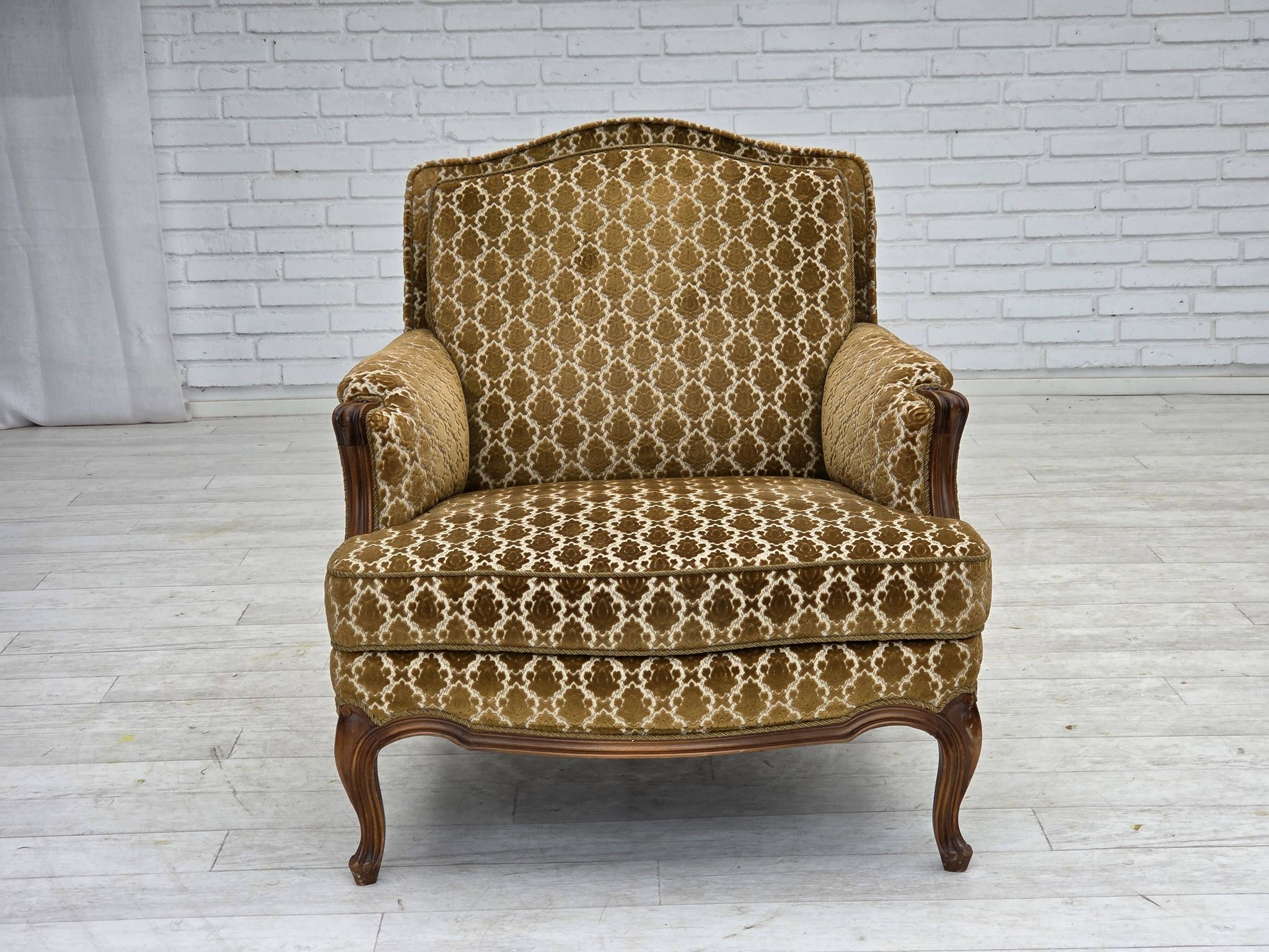 1950s, Danish relax chair, furniture velour, carved ash wood.