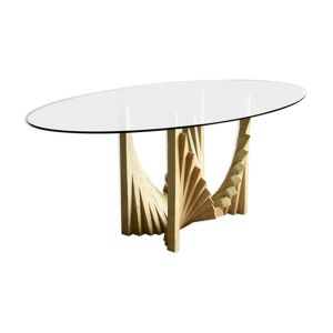 Table à manger italienne brutaliste et sculpturale avec plateau ovale en verre et base en travertin, années 1970