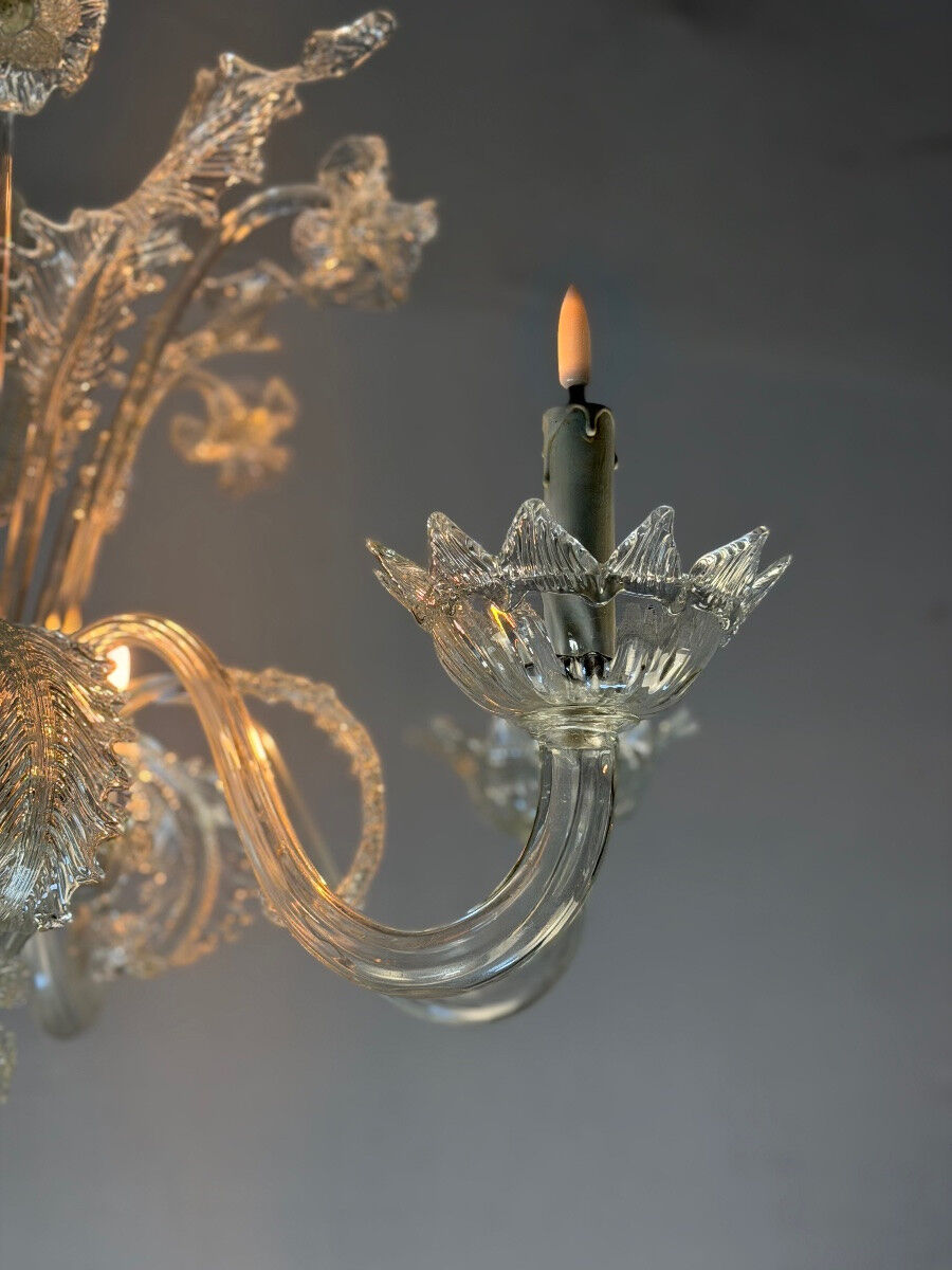 Venetian chandelier in Murano glass, 6 light arms, new electrification, circa 1930.