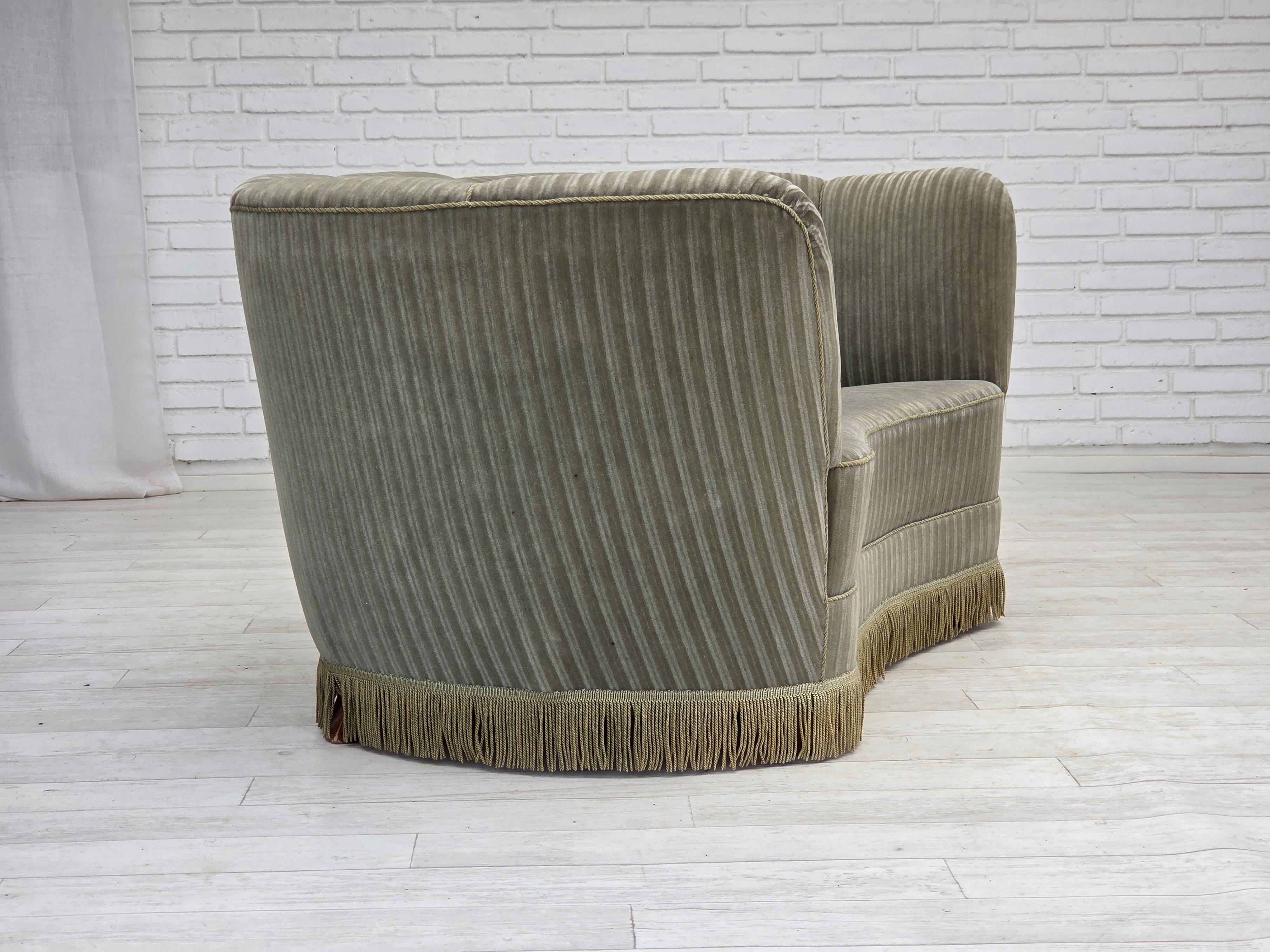 1970s, Danish 2-seater curved sofa, original furniture velour, beech wood.