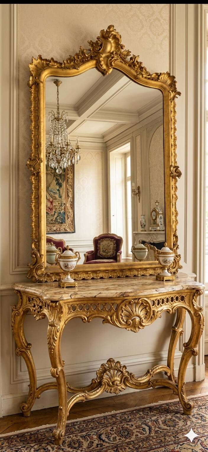 Miroir style Louis XV doré à la feuille d'or du XIXème, 181cm H