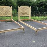 Pair of twin bed Louis XVI caned painted patinated