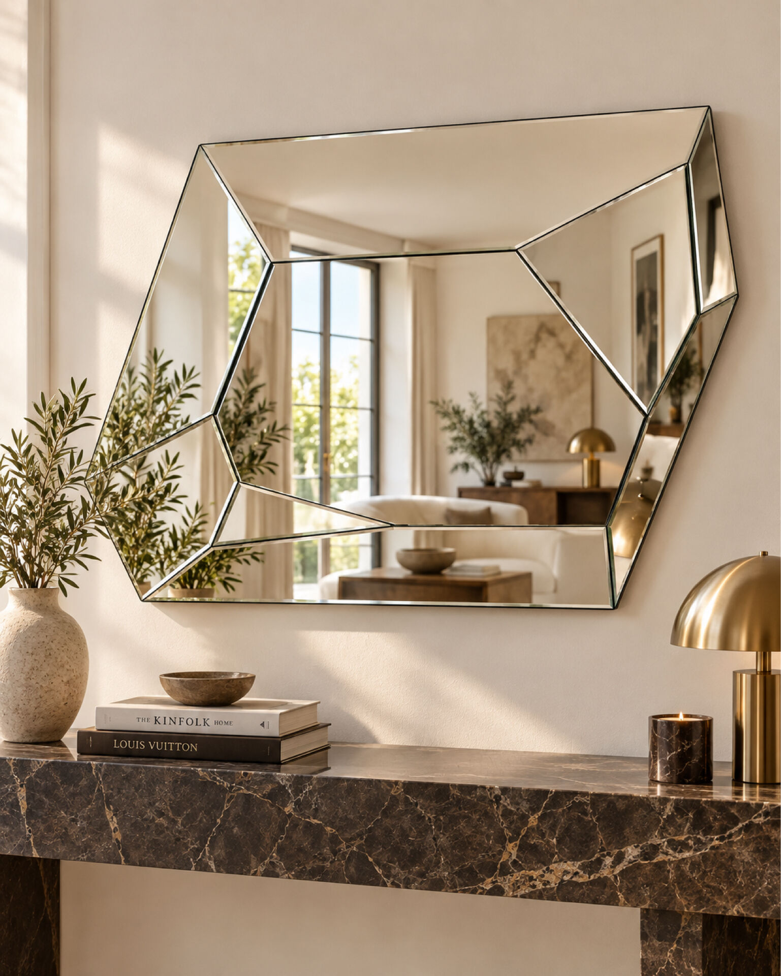 Grand miroir  mural asymétrique au design à multiple facettes Italien