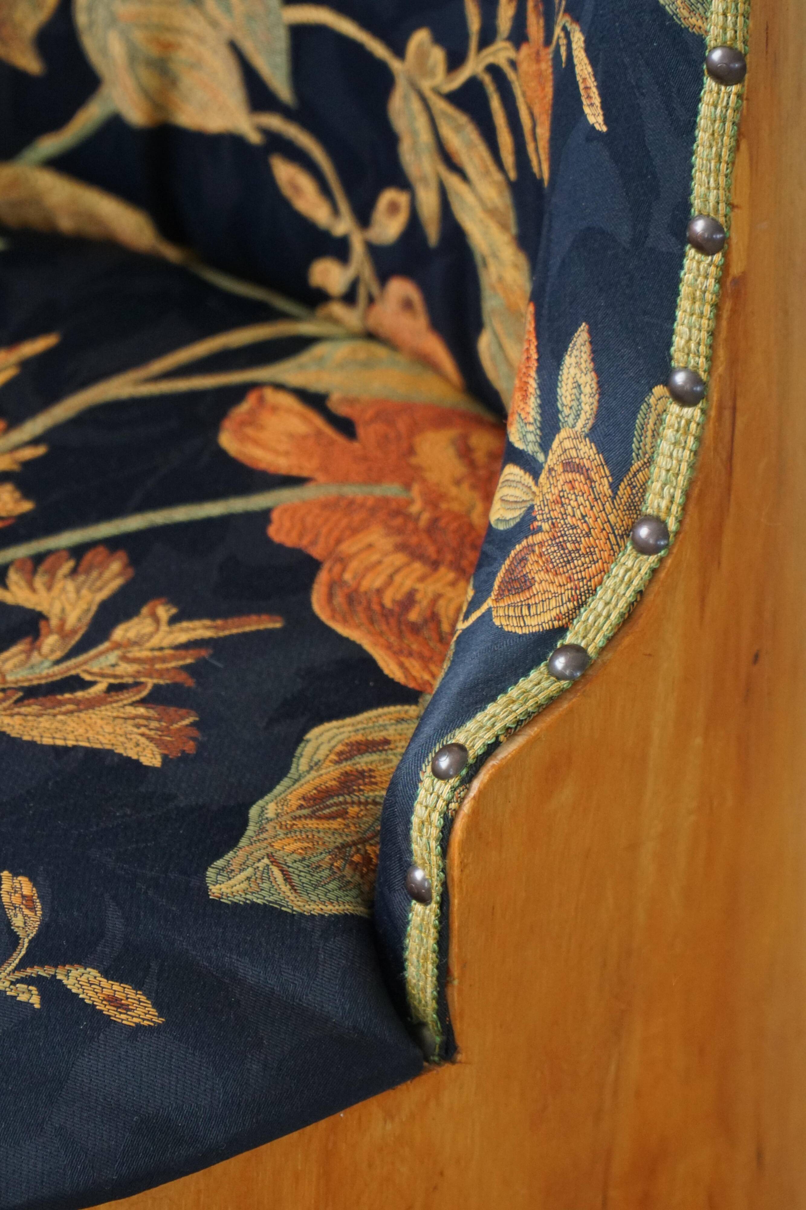 Swedish stump chair / "Kubstol" in pine and floral upholstery, mid-20th century