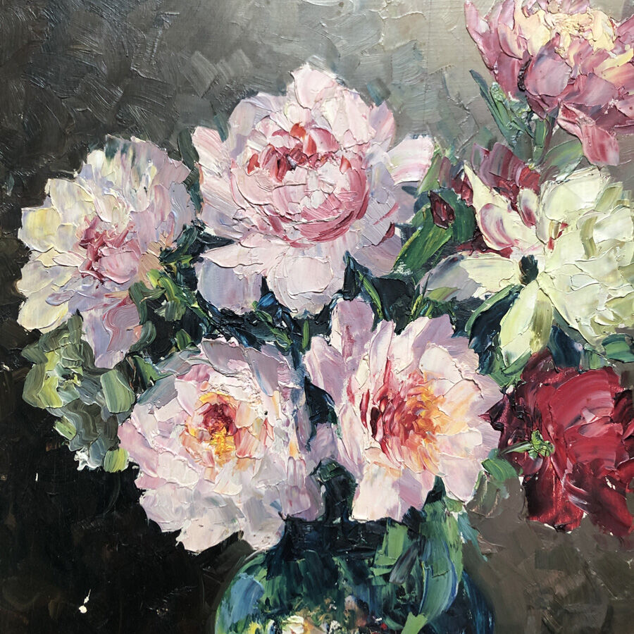 Old painting "Peonies" signed H.Dow