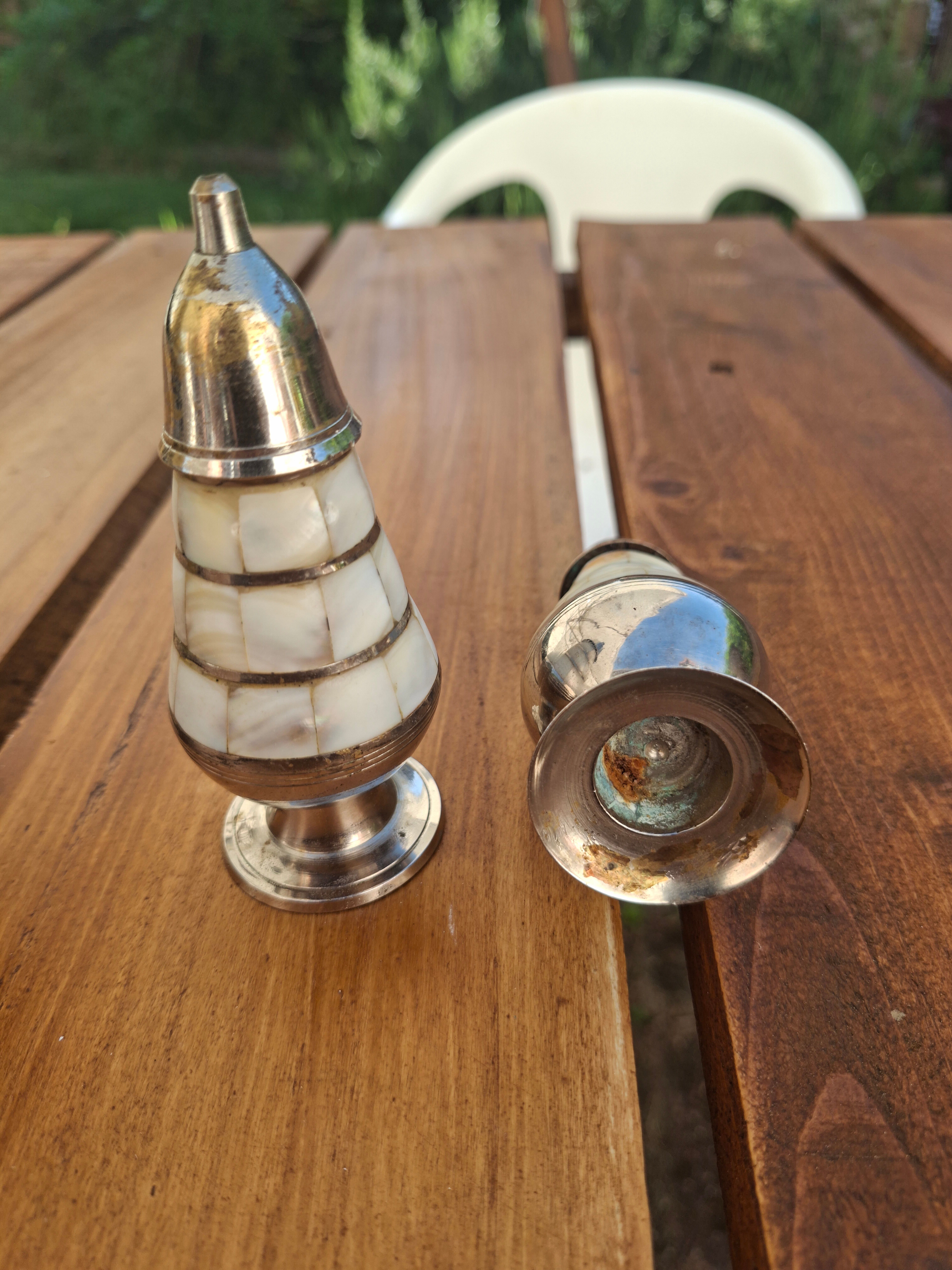 Antique salt and pepper shakers in mother-of-pearl.