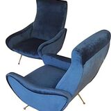 Fauteuils en velours bleu du milieu du siècle, lot de 2