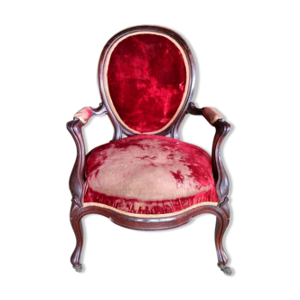 Fauteuil Louis XV en acajou et velours rouge