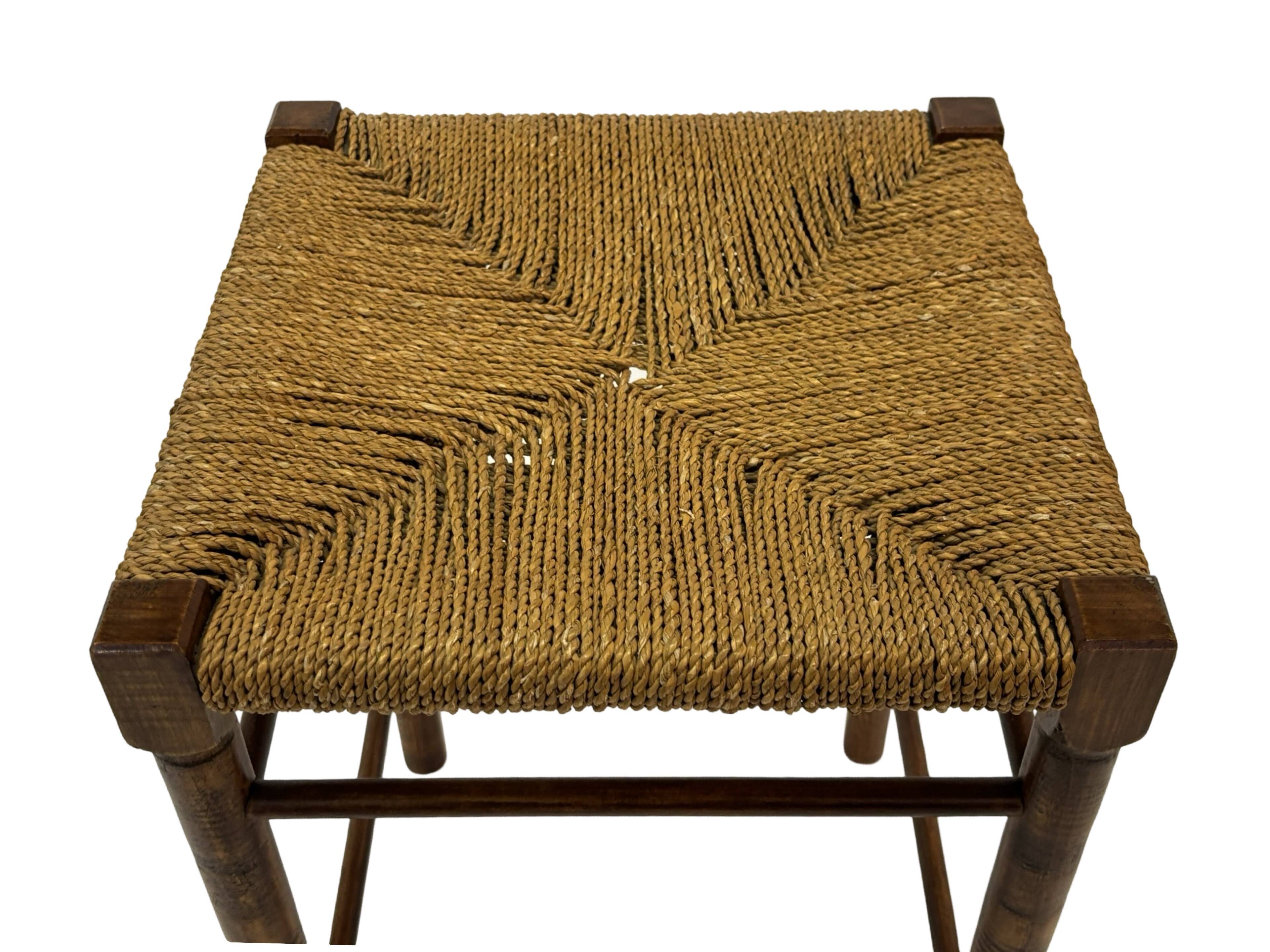 Vintage Wooden Stool With Rope Seat 60s Minimalist