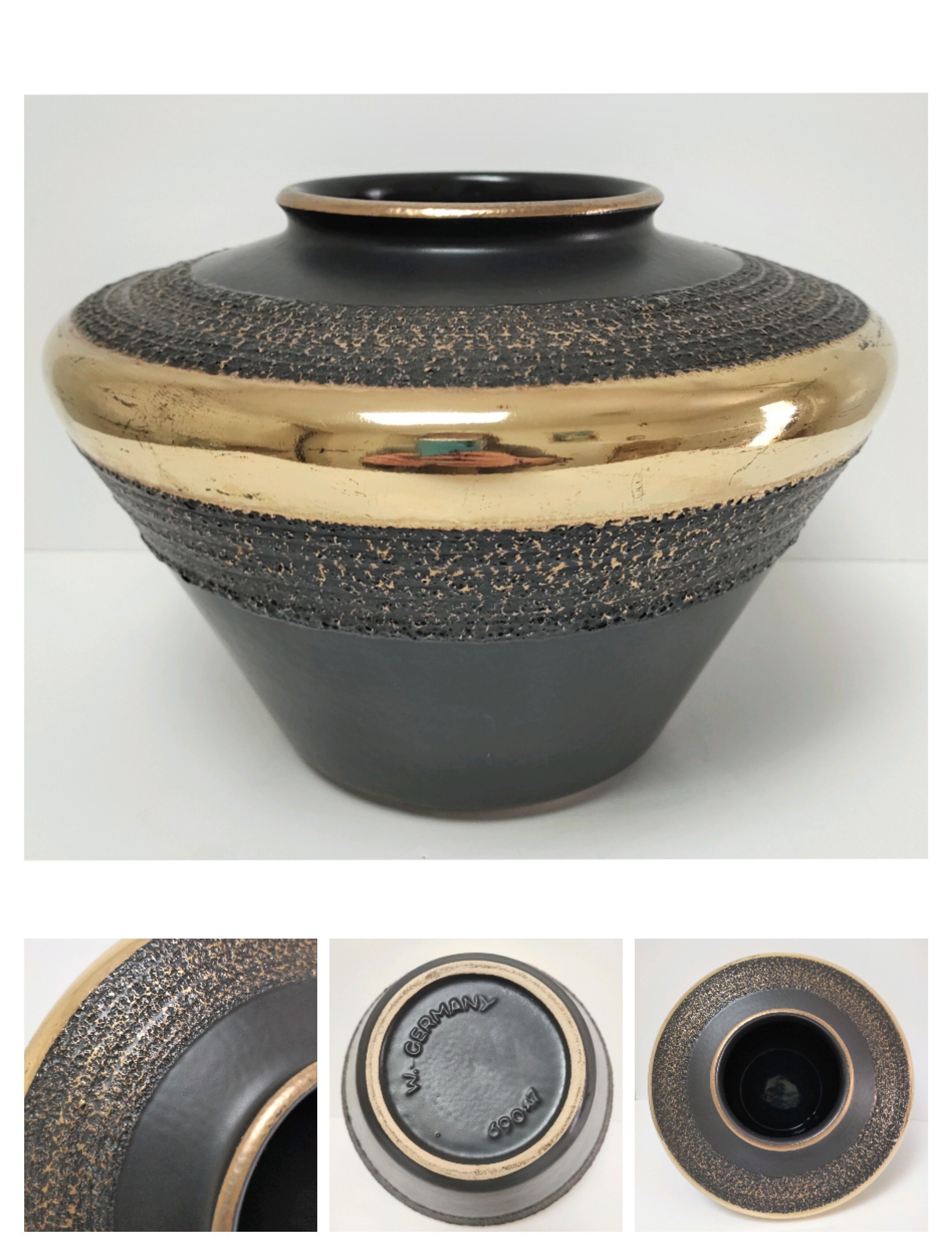 Black and gold ceramic vase west germany vintage design