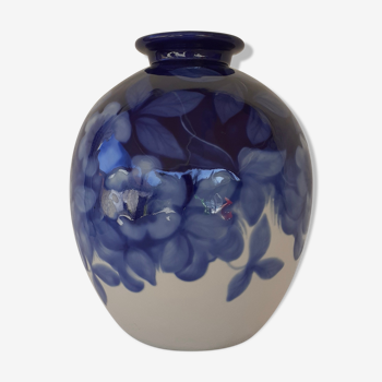 Large blue flowers vase in Limoges porcelain by Camille Tharaud