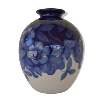 Large blue flowers vase in Limoges porcelain by Camille Tharaud