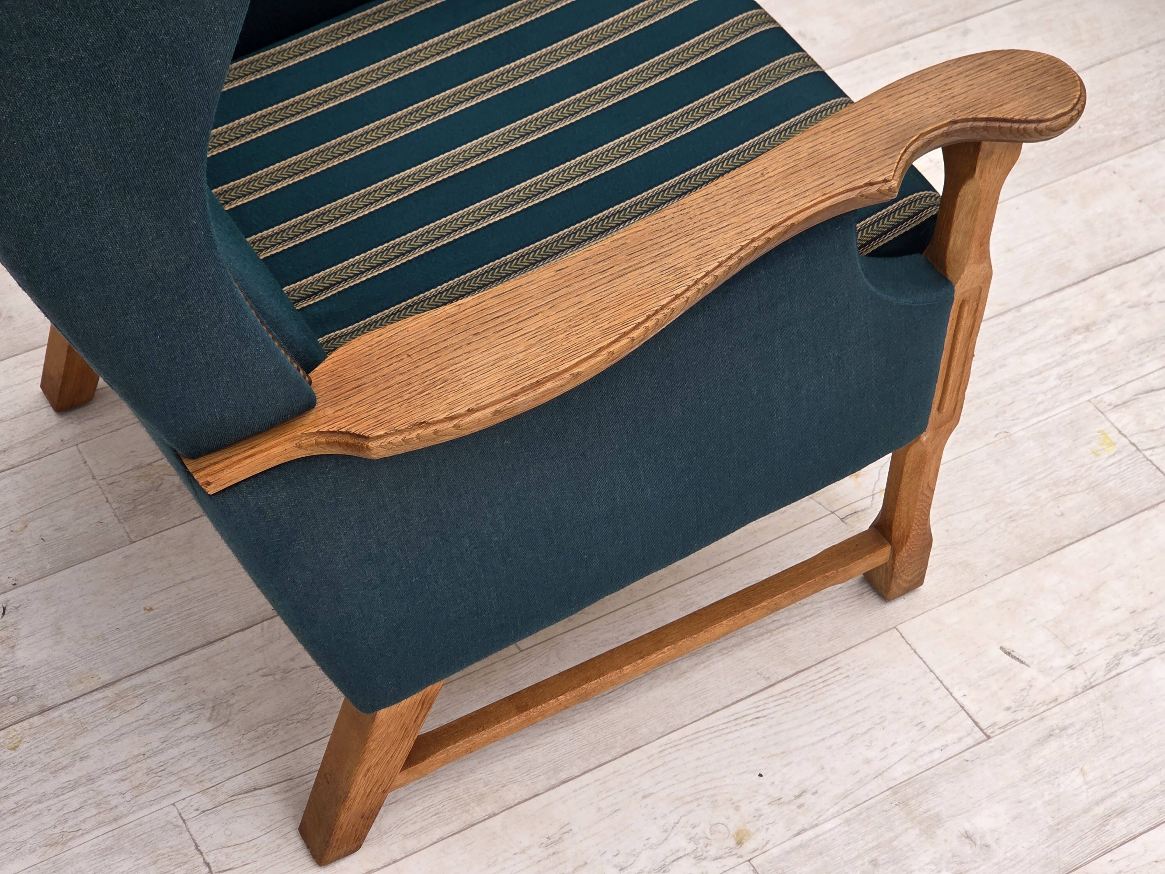 1970s, Danish highback armchair, furniture wool, solid oak wood.
