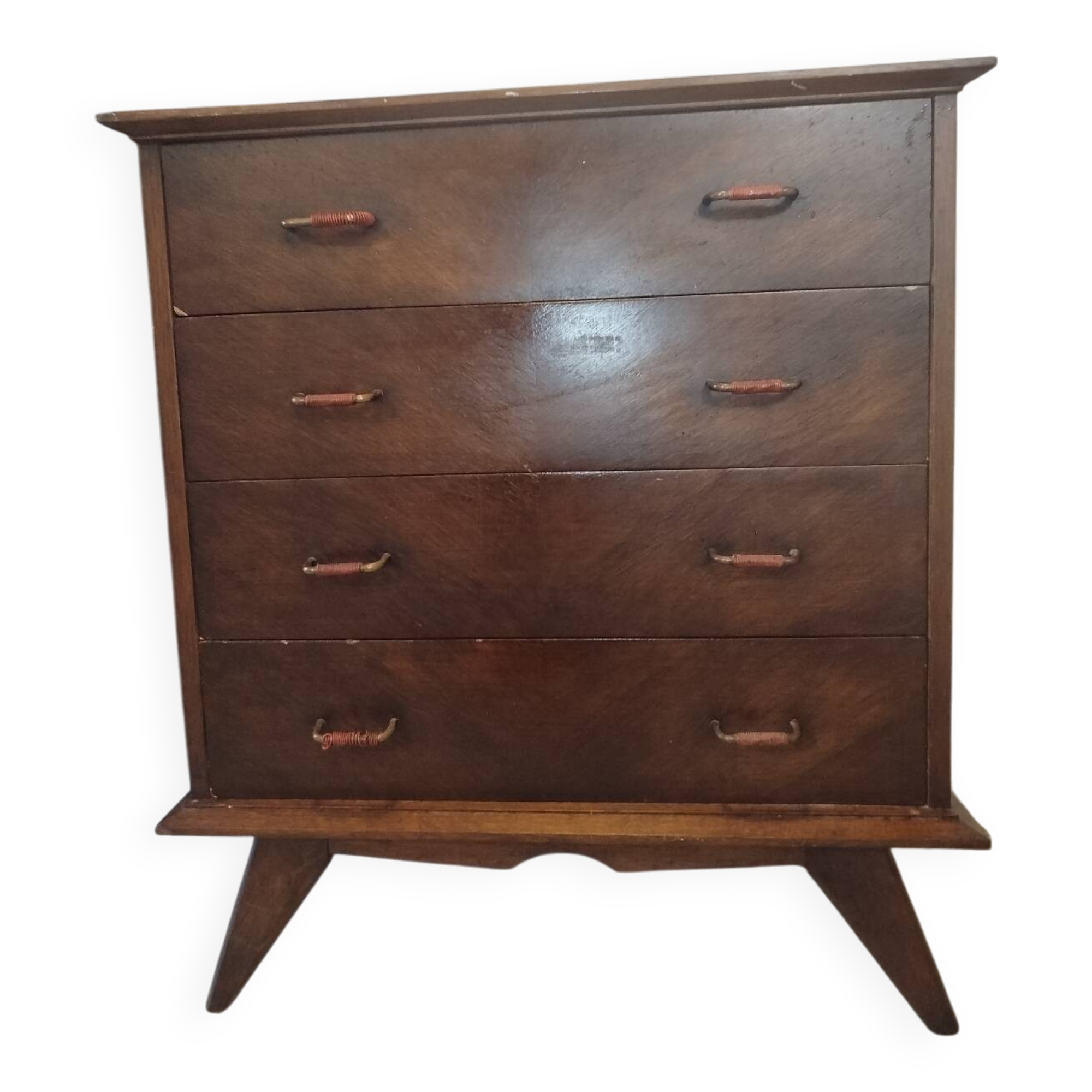 Vintage chest of drawers from the 1950s with wooden legs and a design feature.