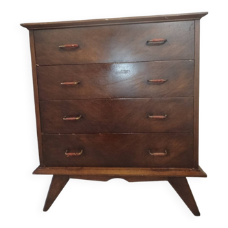 Vintage chest of drawers from the 1950s with wooden legs and a design feature.
