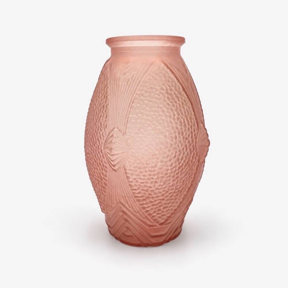 Art Deco vase, pressed moulded glass, pink with geometric decoration.