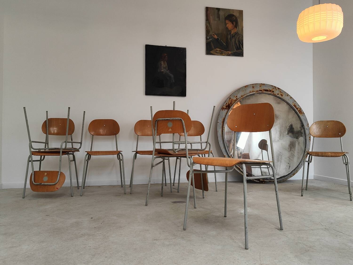 Set of 8 industrial style school chairs, Czechoslovakia 1950